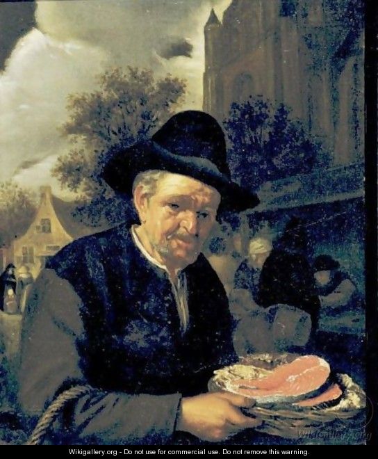 A Peasant Holding A Basket Of Fish In A Market - (after) Adriaen Jansz. Van Ostade