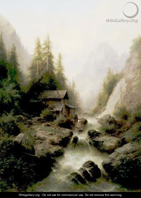 Old Watermill By The Waterfall - Albert Rieger