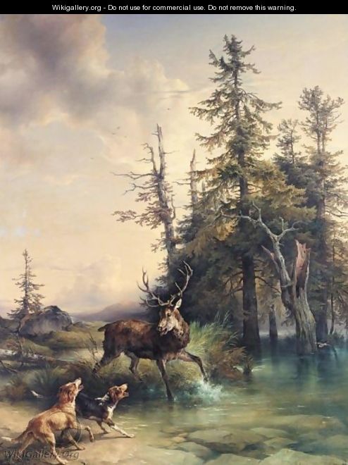 Hunde Stellen Einen Hirschen Im Wasser (Hounds Cornering A Stag By A Stream) - Friedrich Gauermann