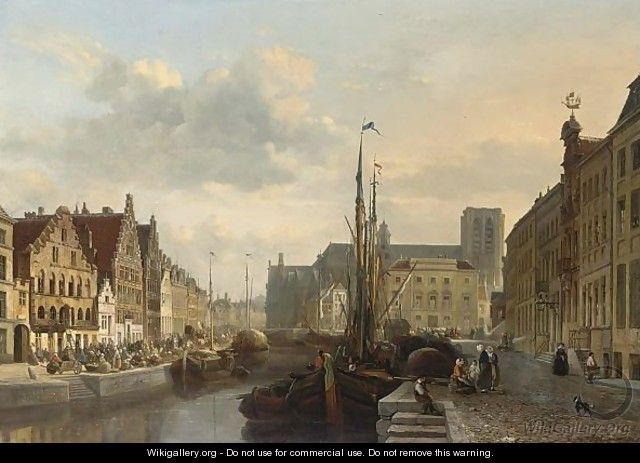 A View Of The Graslei Gent, With Many Figures On A Quay - Francois-Jean-Louis Boulanger