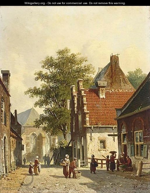Villagers In The Sunlit Streets Of A Dutch Town - Adrianus Eversen