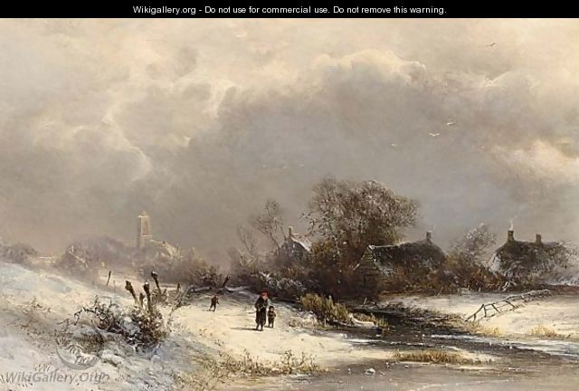 Figures In A Winter Landscape - Pieter Lodewijk Francisco Kluyver