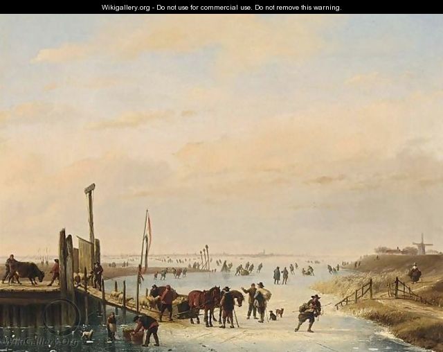 Figures And Cattle On A Frozen River - Nicolaas Johannes Roosenboom
