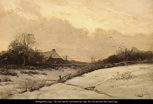 A Farm House In A Snow Covered Landscape - Louis Apol