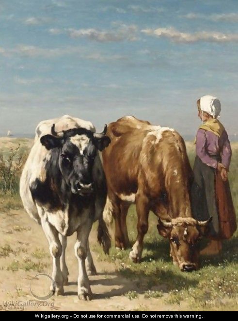 A Herdess With Cattle In A Summer Landscape - Johannes-Hubertus-Leonardus de Haas