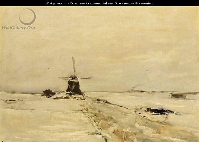 A Windmill In A Snow Covered Landscape - Louis Apol