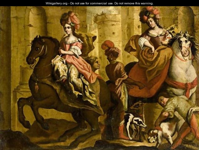 Two Noblewomen On Horseback Amongst Ruins, Together With Their Hounds And Servants - North-Italian School