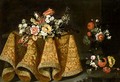 Still Life With A Bouquet Of Flowers On A Gold Plate On A Table Draped With A Gold Embroidered Cloth, A Vase Of Flowers Beyond - (after) Antonio The Younger Gianlisi