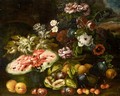 Still Life Life With Grapes, A Melon, Figs, Plums, Peaches And Various Flowers In A Landscape - (after) Abraham Brueghel