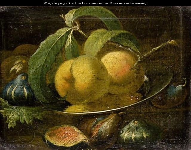 A Still Life Of Peaches On A Pewter Plate And Figs - Roman School