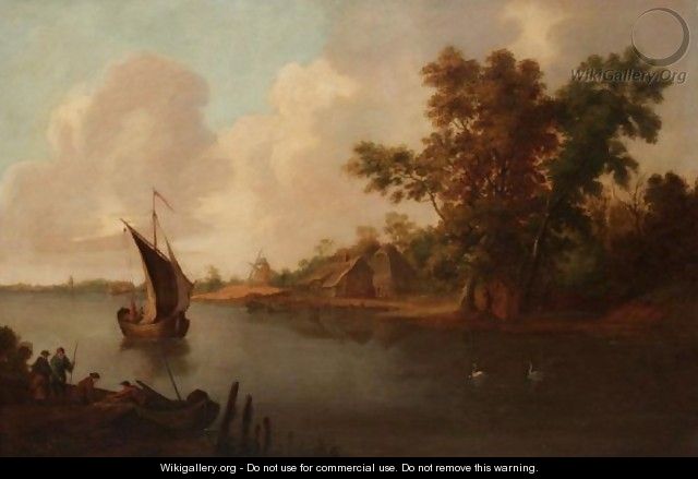 River Landscape With Fishermen Unloading Their Nets In The Foreground, A Hamlet Beyond - Dutch School