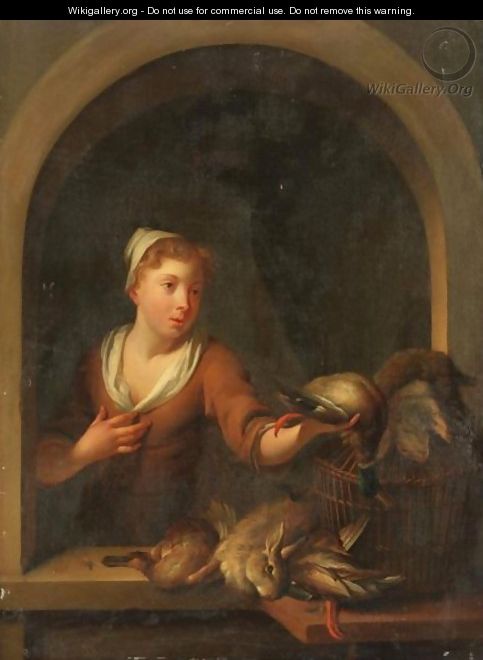 A Game Seller, Holding A Mallard Drake, At A Window, Together With A Basket And Other Ducks And Rabbits On A Stone Ledge - Louis de Moni