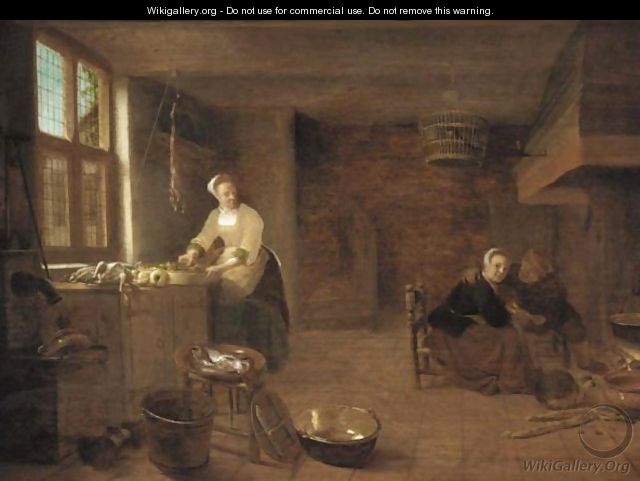 A Kitchen Interior With A Woman Preparing Dinner And Man Courting A Young Woman By The Fireplace - Hendrick Maertensz. Sorch (see Sorgh)