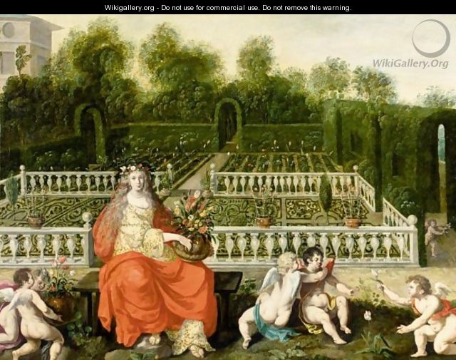 A Formal Garden With Flora Holding A Vase Of Flowers And With Putti Playing - Flemish School