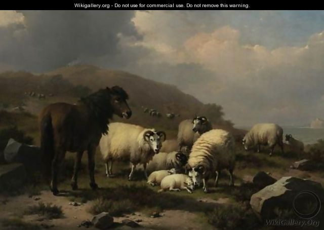 A Pony And Sheep In A Meadow By The Sea - Eugène Verboeckhoven