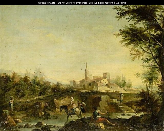 Italianate Landscape With Figures Beside A River, A Town Beyond - (after) Giuseppe Zais