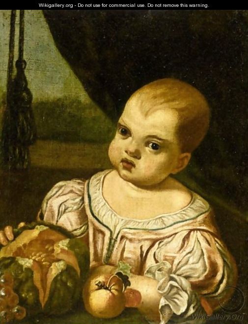 Portrait Of A Child, Half Length, Wearing A Pink Silk Dress And Holding A Melon - (after) Antonio Amorosi