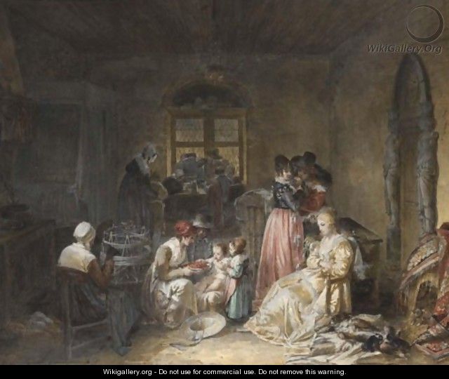 Domestic Interior With Ladies And Children Eating Fruit - French School