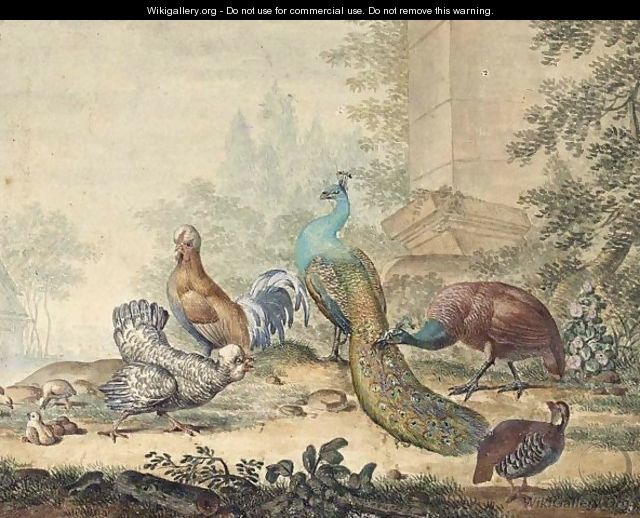 A Peacock And Peahen With Other Fowl In A Yard - Jabes Heenck