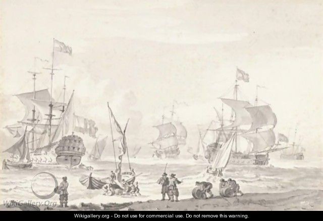 Coastal Landscape With Shipping And Men Loading Barrels - Cornelius van Noorde