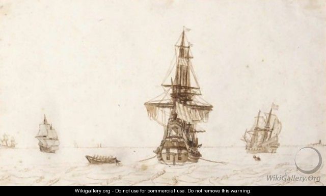 A Ship Seen From The Stern, With Other Ships And A Rowing Boat Nearby - Dutch School