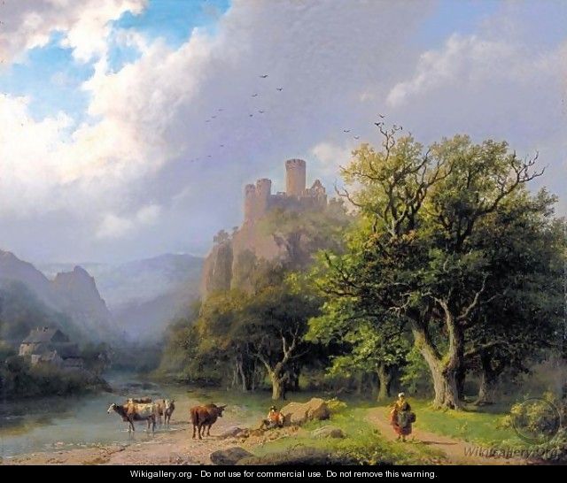 Landscape With A Castle, Figures And Cows - Barend Cornelis Koekkoek