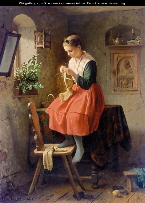 Girl Knitting By A Window - Meyer Georg von Bremen