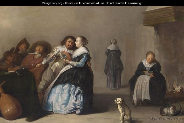 A Brothel Scene With Three Men Sleeping Around A Table, A Dog And Cat In The Foreground - Mijnerts Herman Doncker