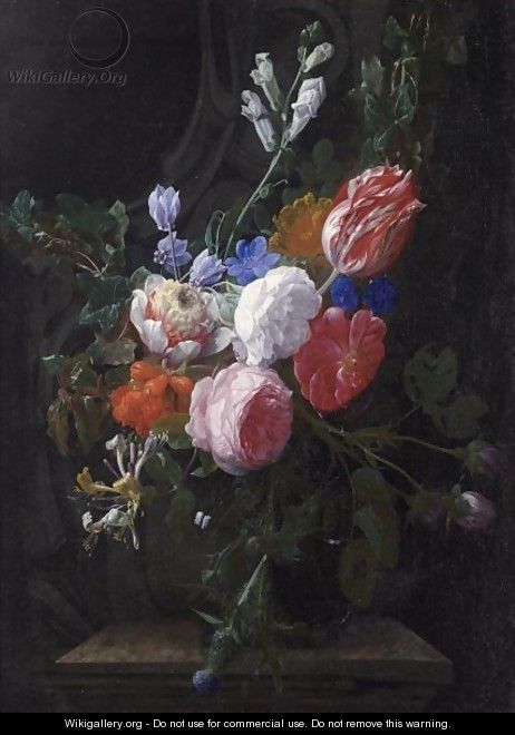 A Still Life Of Roses, A Tulip, Honeysuckle And Other Flowers - Nicholaes van Verendael