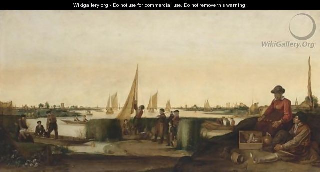 An Extensive River Landscape With Fishermen And Their Boats, A Couple With Their Ware In The Right Foreground - Arentsz van der Cabel