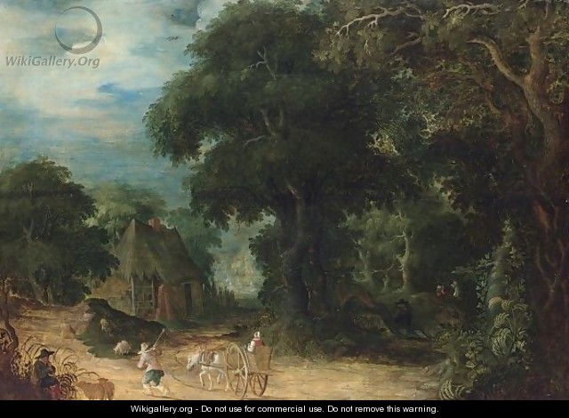 A Wooded Landscape With A Woman In A Horse-Drawn Cart And A Shepherd And His Herd On A Path - Abraham Govaerts