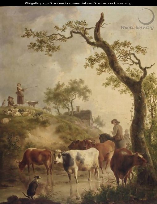 A Shepherd On A Horse And His Cattle Fording A Stream, With Shepherds And Their Flock On A Hill Nearby - Jean Baptiste De Roy