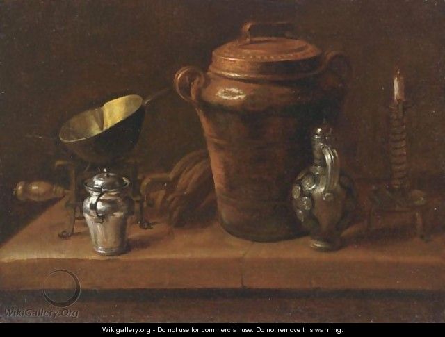 A Still Life With A Silver Sugar Jar, A Copper Bowl On A Stove, A Stoneware Jug And Pot, A Candle And A Pair Of Bellows, All On A Stone Ledge - Georg Held
