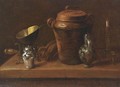 A Still Life With A Silver Sugar Jar, A Copper Bowl On A Stove, A Stoneware Jug And Pot, A Candle And A Pair Of Bellows, All On A Stone Ledge - Georg Held