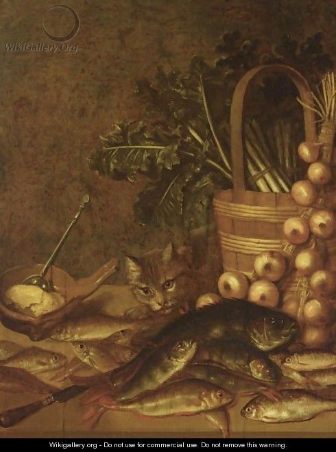 A Still Life With Fresh-Water Fish, A Basket With Asparagus, Onions, Lettuce, A Knife And A Bowl - (after) Pieter De Putter