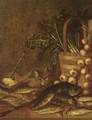 A Still Life With Fresh-Water Fish, A Basket With Asparagus, Onions, Lettuce, A Knife And A Bowl - (after) Pieter De Putter