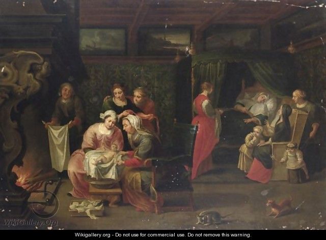 An Interior With Women Visiting A Mother Of A Newly-Born Child And Small Children Near A Fireplace - (after) Willem Van, The Elder Herp