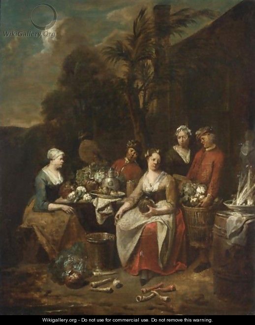 An Elegant Company Conversing And Playing Tric-Trac In A Garden Setting - Jan Baptist Lambrechts
