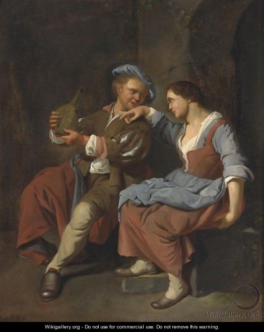 A Maid With A Young Man Asleep In A Tavern - Jacob Toorenvliet