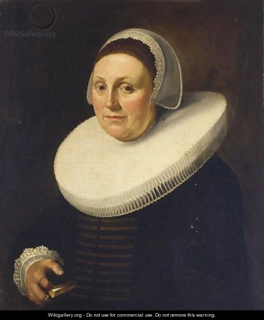 A Portrait Of A Lady, Bust Length, Wearing A Black Dress With A Mill Stone Collar And A White Lace Bonnet, Holding A Book In Her Hand - Delft School