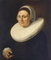 A Portrait Of A Lady, Bust Length, Wearing A Black Dress With A Mill Stone Collar And A White Lace Bonnet, Holding A Book In Her Hand - Delft School