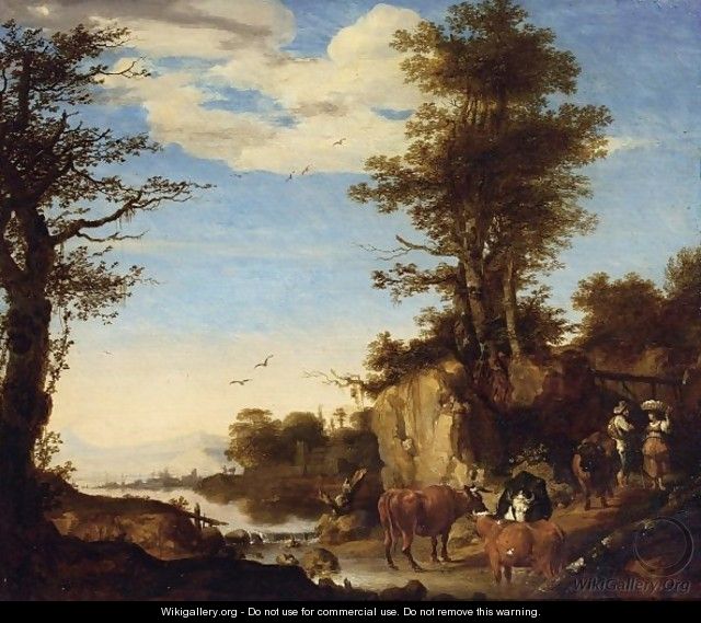 A River Landscape With A Shepherd With His Herd On A Path Conversing With A Woman - Arie de Vois