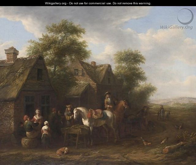 A Village Scene With Horsemen Halting Near Farmhouses And Other Figures Conversing - Barend Gael or Gaal