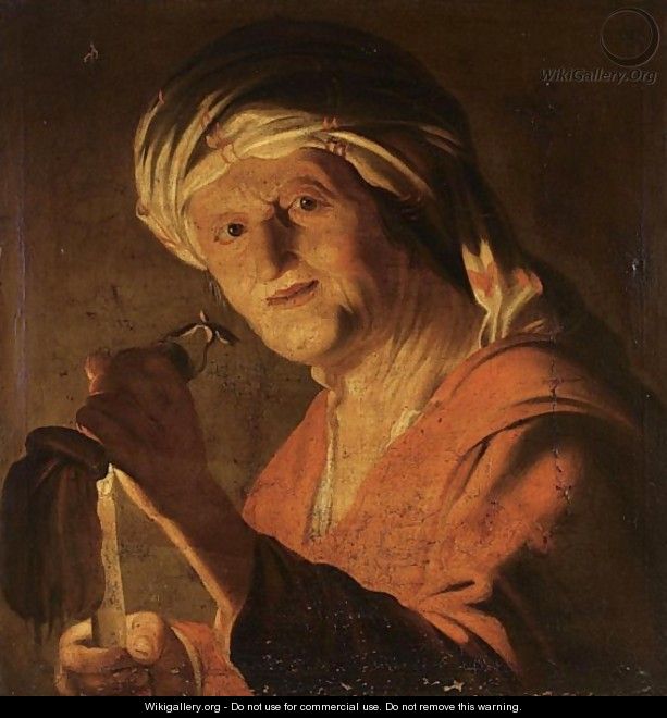 An Old Woman Holding A Candle And An Empty Purse - (after) Honthorst, Gerrit van