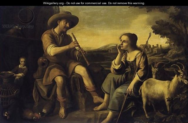 A Shepherd Playing A Flute With A Shepherdess Listening - Netherlandish School