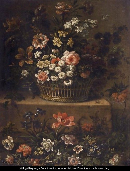 Roses, Daffodils, Tulips And Other Flowers In A Basket On A Stone Ledge - (after) Jean-Baptiste Monnoyer