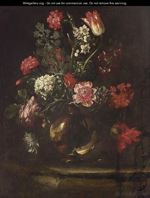 A Still Life With Tulips, Carnations, A Snowball, Daffodils And Other Flowers In A Glass Vase - North-Italian School