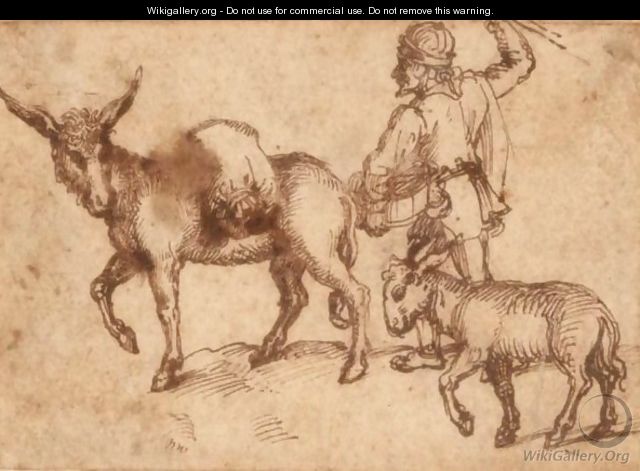A Driver With A Mule And Sheep - Dutch School