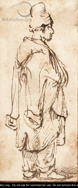 A Standing Man With A Turban And A Coat Around His Shoulders - (after) Harmenszoon Van Rijn Rembrandt