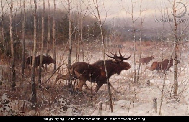 Elks In A Birch Wood - Efim A. Tikhmenev